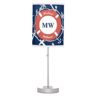 Nautical Monogram Navy Blue Anchor Pattern Table Lamp