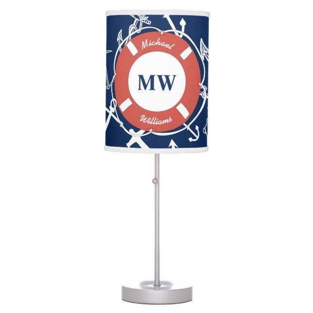Nautical Monogram Navy Blue Anchor Pattern Table Lamp (Front)