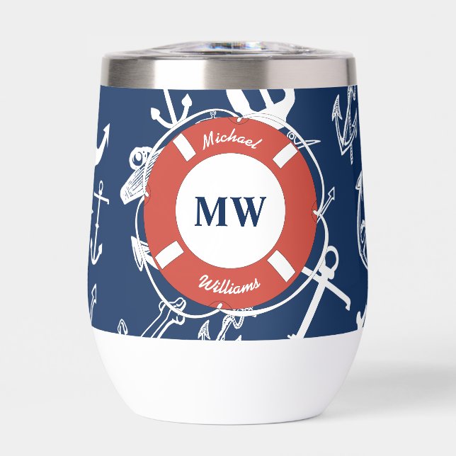 Nautical Monogram Navy Blue Anchor Pattern Thermal Wine Tumbler (Front)