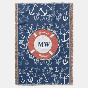 Nautical Monogram Navy Blue Anchor Pattern Throw Blanket