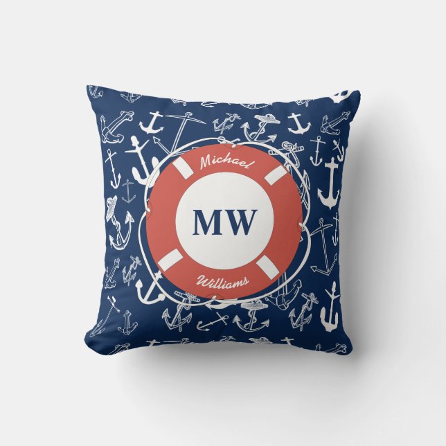 Nautical Monogram Navy Blue Anchor Pattern Throw Pillow (Front)