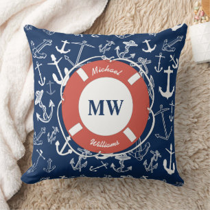 Nautical Monogram Navy Blue Anchor Pattern Throw Pillow