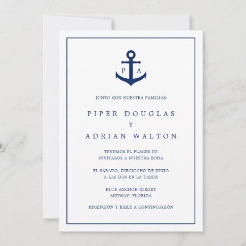 Nautical Monogram Navy Blue Anchor Spanish Wedding Invitation