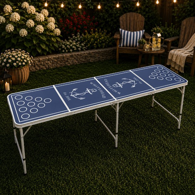 Nautical Monogram Navy Blue Beer Pong Table (Elevate your backyard party with this gorgeous nautical monogram beige rustic wood beer pong table.)