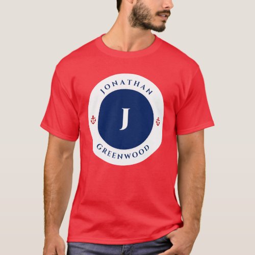Nautical Monogram Navy Blue Red Anchor Circle T_Shirt