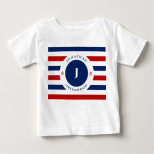 Nautical Monogram Navy Blue Red White Stripes Baby T-Shirt