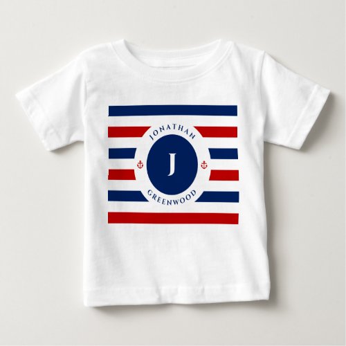 Nautical Monogram Navy Blue Red White Stripes Baby T_Shirt