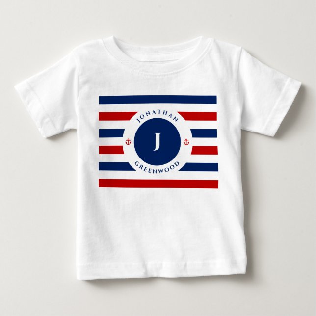 Nautical Monogram Navy Blue Red White Stripes Baby T-Shirt (Front)