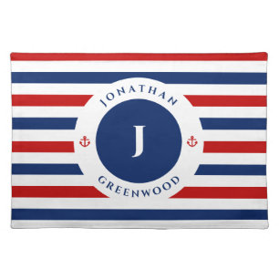 Nautical Monogram Navy Blue Red White Stripes Cloth Placemat