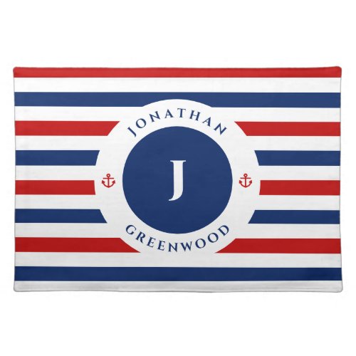Nautical Monogram Navy Blue Red White Stripes Cloth Placemat