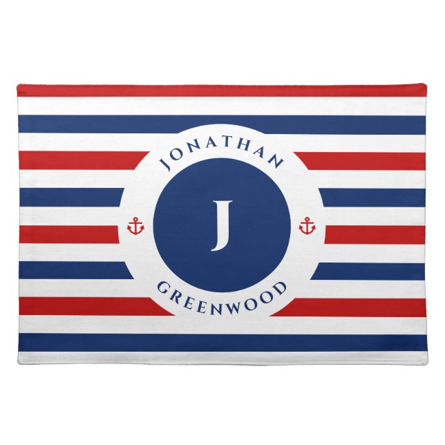 Nautical Monogram Navy Blue Red White Stripes Cloth Placemat (Front)
