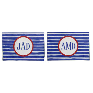 Nautical Monogram Navy Blue Striped Watercolor Pillow Case