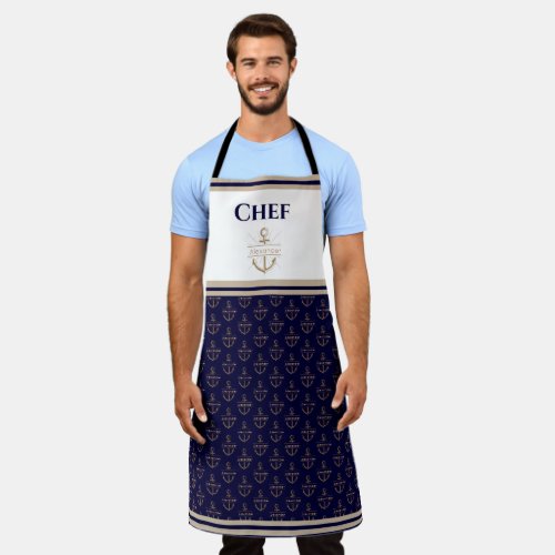 Nautical Monogram Navy Blue White Gold Apron