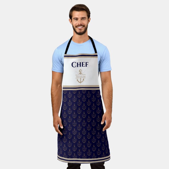 Nautical Monogram Navy Blue White Gold Apron (Worn)