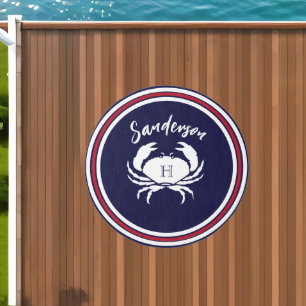 Nautical Monogram Navy Blue White Red crab round Outdoor Rug