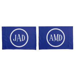 Nautical Monogram Navy Blue White Rope Circle Pillow Case