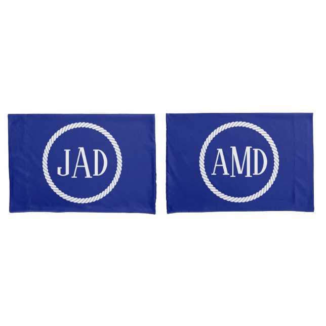 Nautical Monogram Navy Blue White Rope Circle Pillow Case (Front-Set)