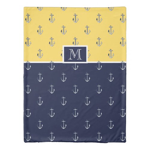 Nautical Monogram  Navy Blue Yellow Anchor pattern Duvet Cover