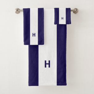Nautical monogram on navy blue & white striped bath towel set