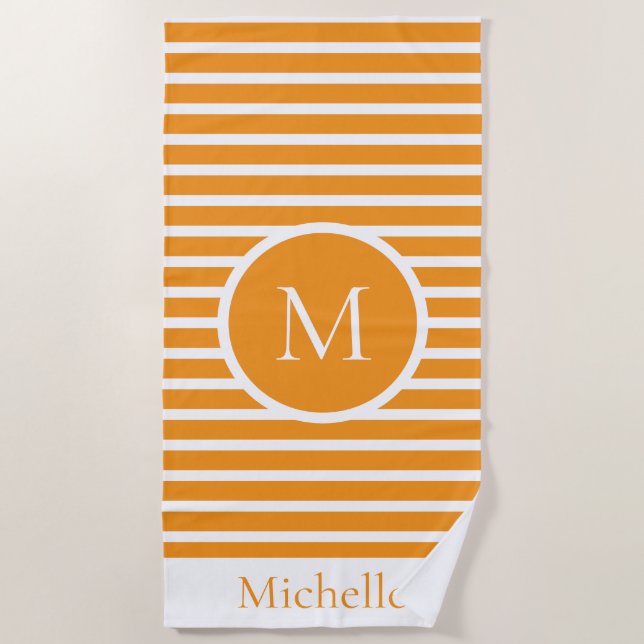 Nautical Monogram Orange Stripes Cute  Beach Towel (Front)