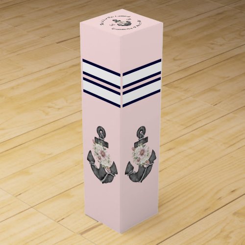 Nautical Monogram Pink and Navy Blue Floral Anchor Wine Box