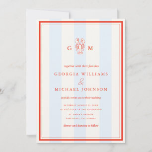 Nautical Monogram Red Blue Lobster Coastal Wedding Invitation