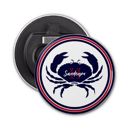 Nautical monogram red navy white crab  bottle opener