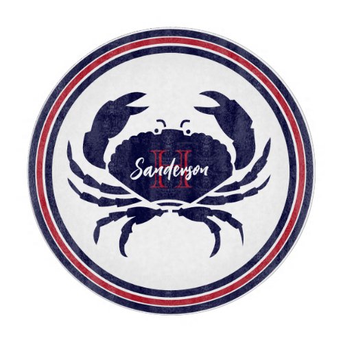 Nautical monogram red navy white crab  cutting board