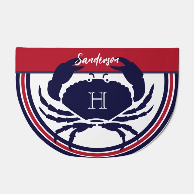 Nautical monogram red navy white crab  doormat (Front)