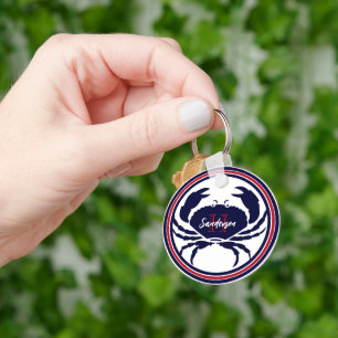 Nautical monogram red navy white crab keychain