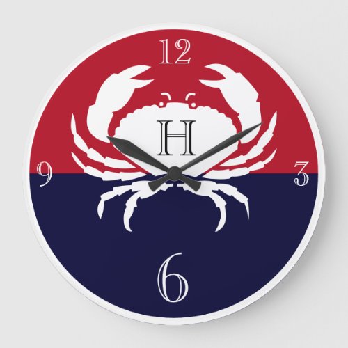 Nautical monogram red navy white crab large clock