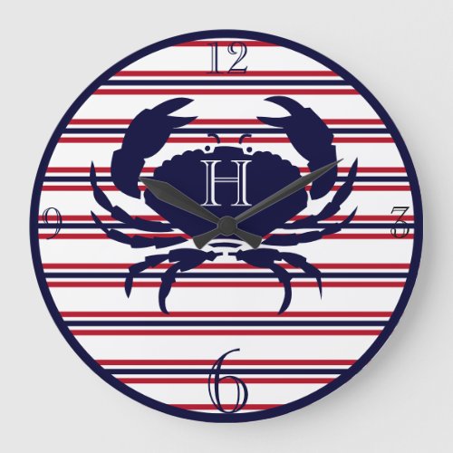Nautical monogram red navy white crab large clock