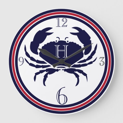 Nautical monogram red navy white crab large clock
