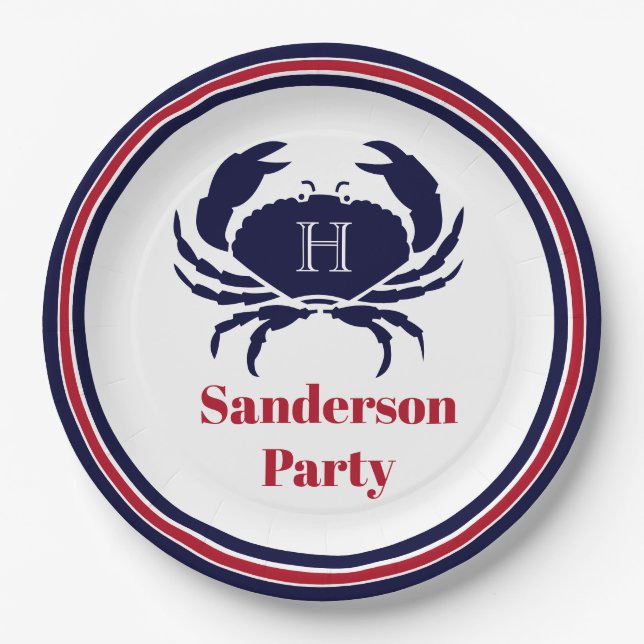 Nautical monogram red navy white crab  paper plates (Front)