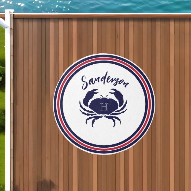 Nautical monogram red navy white crab round outdoor rug (Insitu (Outdoor 1))