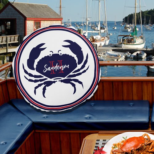 Nautical monogram red navy white crab  round pillow