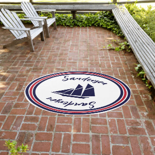 Nautical monogram red navy white Sailboat round Outdoor Rug