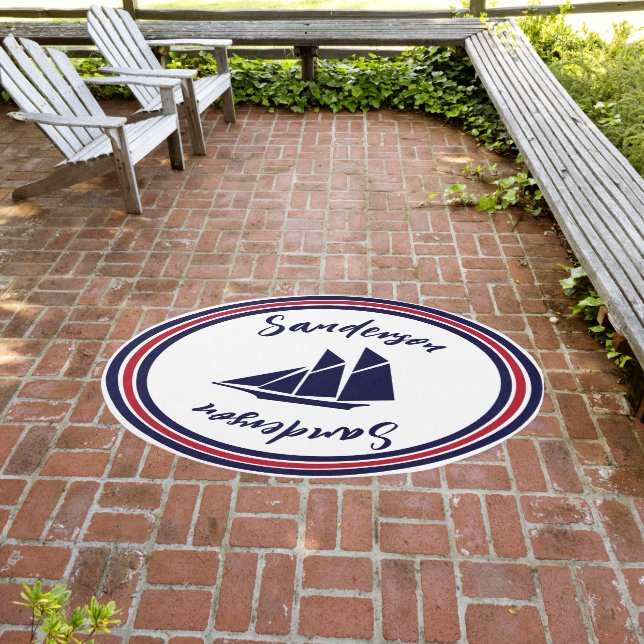 Nautical monogram red navy white Sailboat round Outdoor Rug (Insitu (Outdoor 3))