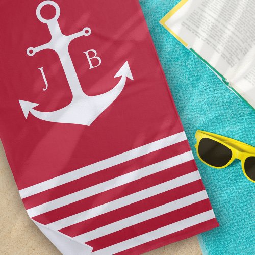 Nautical Monogram Red White Stripe Anchor  Beach Towel