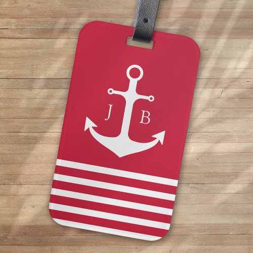 Nautical Monogram  Red White Stripe Anchor  Luggage Tag