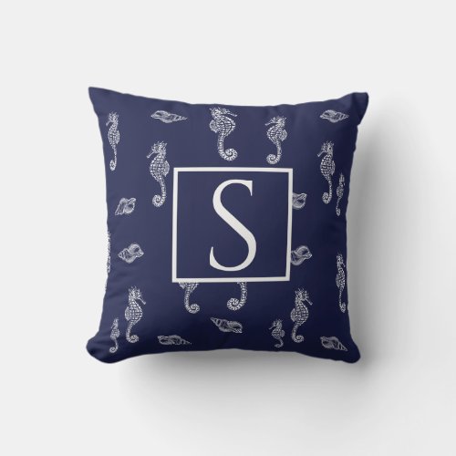 Nautical monogram Seahorse shell Navy Blue White Outdoor Pillow