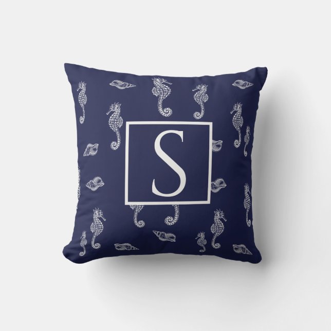 Nautical monogram Seahorse shell Navy Blue White Outdoor Pillow (Front)