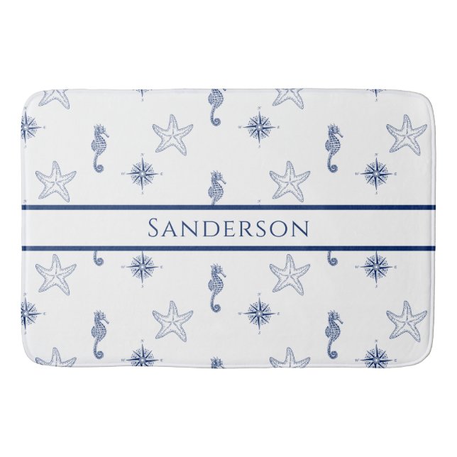 Nautical monogram Seahorse Starfish Navy Blue  Sho Bath Mat (Front)
