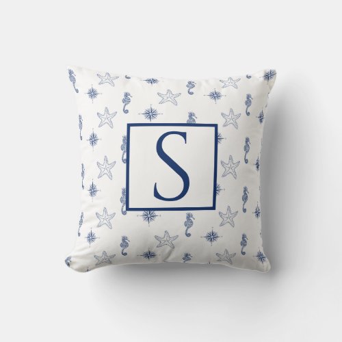 Nautical monogram Seahorse Starfish Navy Blue  Throw Pillow