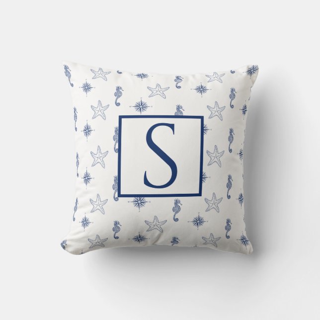 Nautical monogram Seahorse Starfish Navy Blue  Throw Pillow (Front)