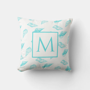 Nautical monogram Seashell Shells Aqua Teal Blue Throw Pillow
