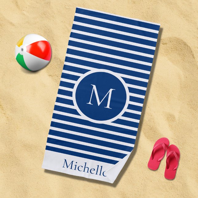 Nautical Monogram Striped Navy & White Beach Towel (Creator Uploaded)