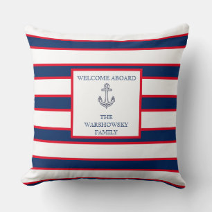 Nautical Monogram Stripes Blue Navy White Red Throw Pillow