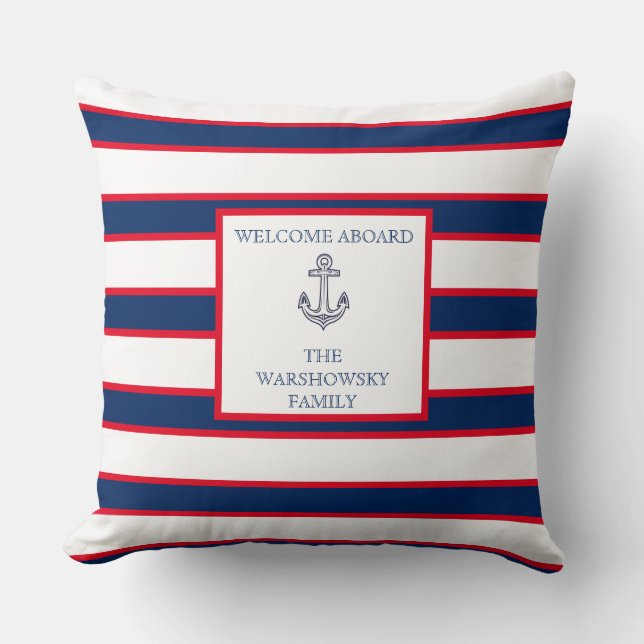 Nautical Monogram Stripes Blue Navy White Red Throw Pillow (Front)