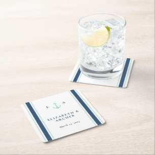Nautical Monogram Wedding Cocktail Square Paper Coaster